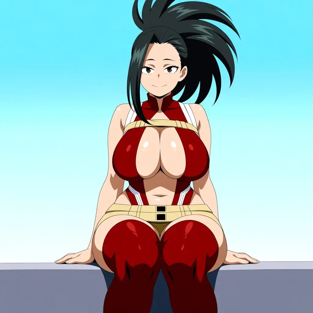 AnimaYume image: Momo Yaoyorozu, My Hero Academia, sitting on a ledge, high ponytail black hair, soft smile looking at viewer, wearing re…