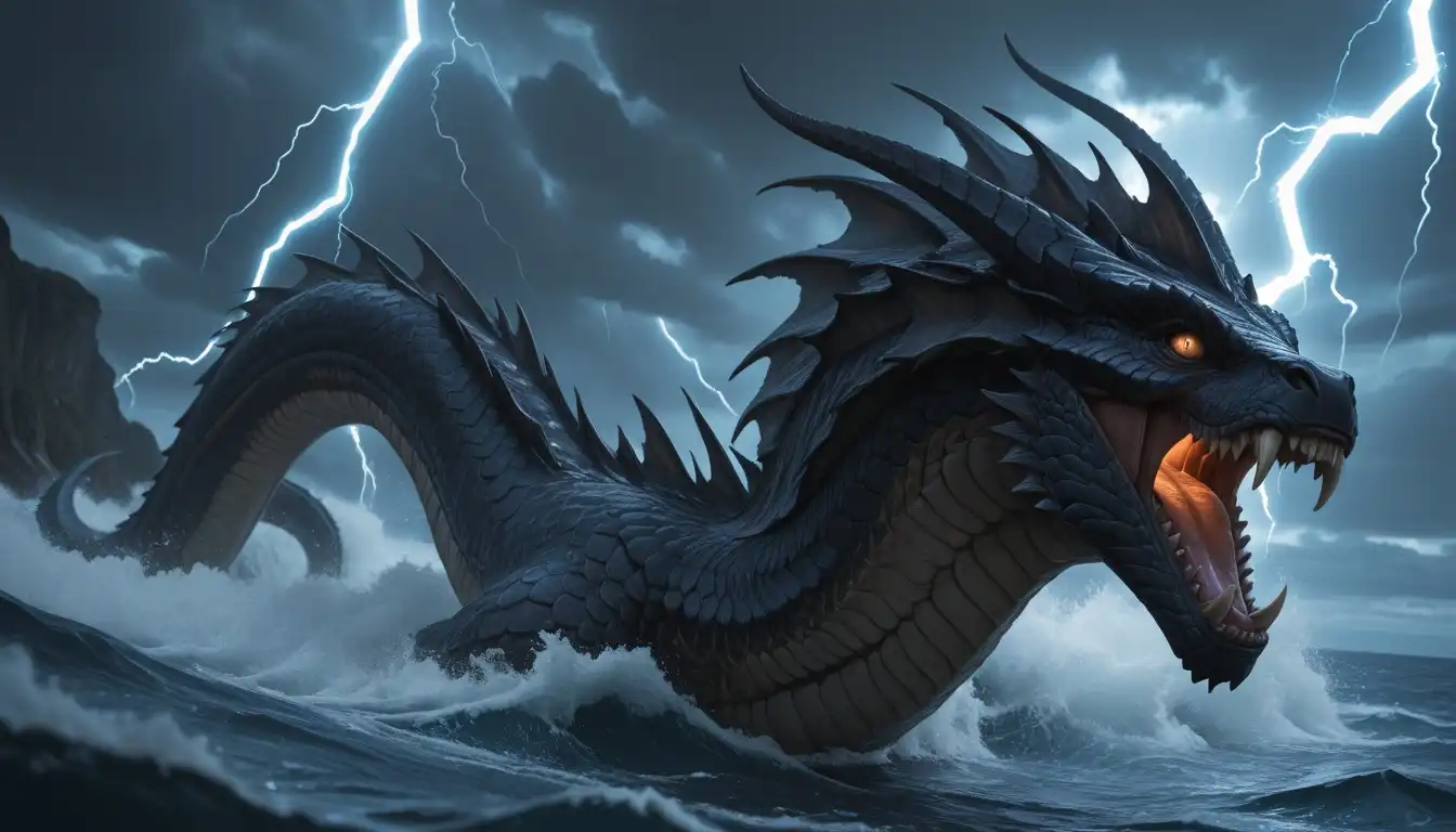 CyberIllustrious Semi-Realistic image: fantasy, long serpent sea monster, tempest, ocean, fangs, emerging from the ocean during a storm, lightning, scales, cre…