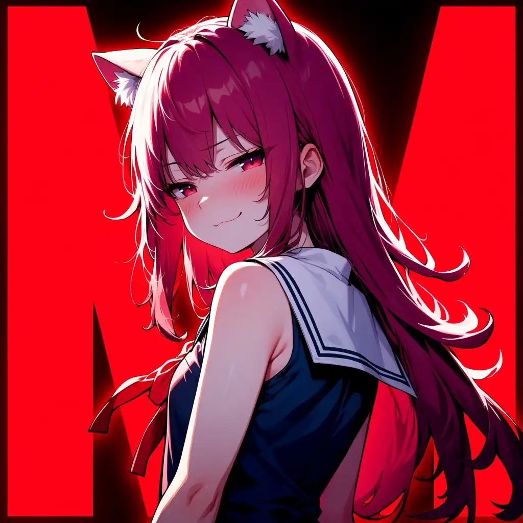 AnimaYume image: anime girl, long messy pink hair, cat ears, looking back over her shoulder, half-lidded eyes, smug smirk, slight blush, …