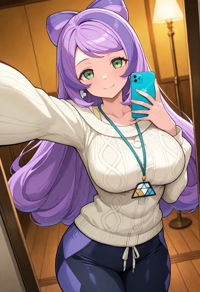 Nova Anime XL image: 1girl, Miriam (Pokémon), official costume, large breasts, selfie, dutch angle, confident pose, bright studio lighting, v…