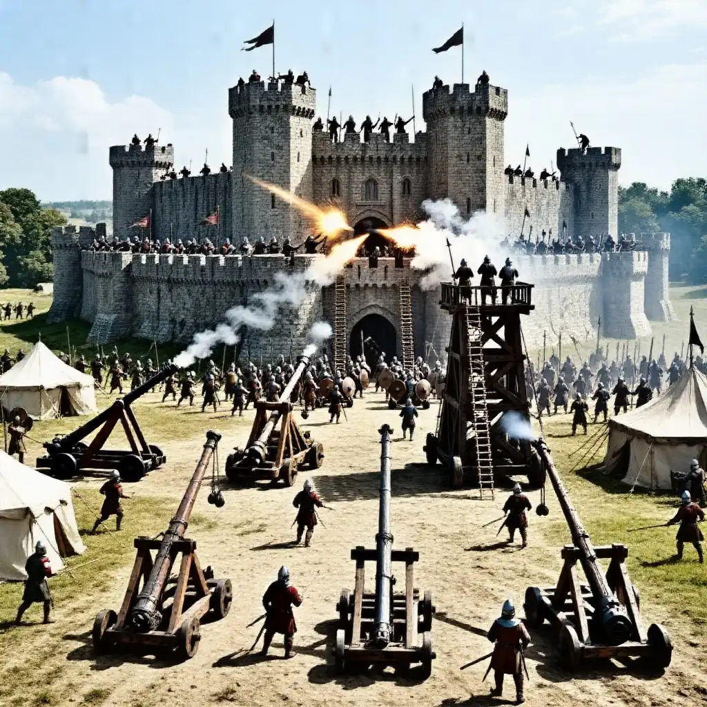 RedCraft DPO image: Medieval siege of a castle with trebuchets, catapults, and ballistas all firing on the castle while the attacking force …