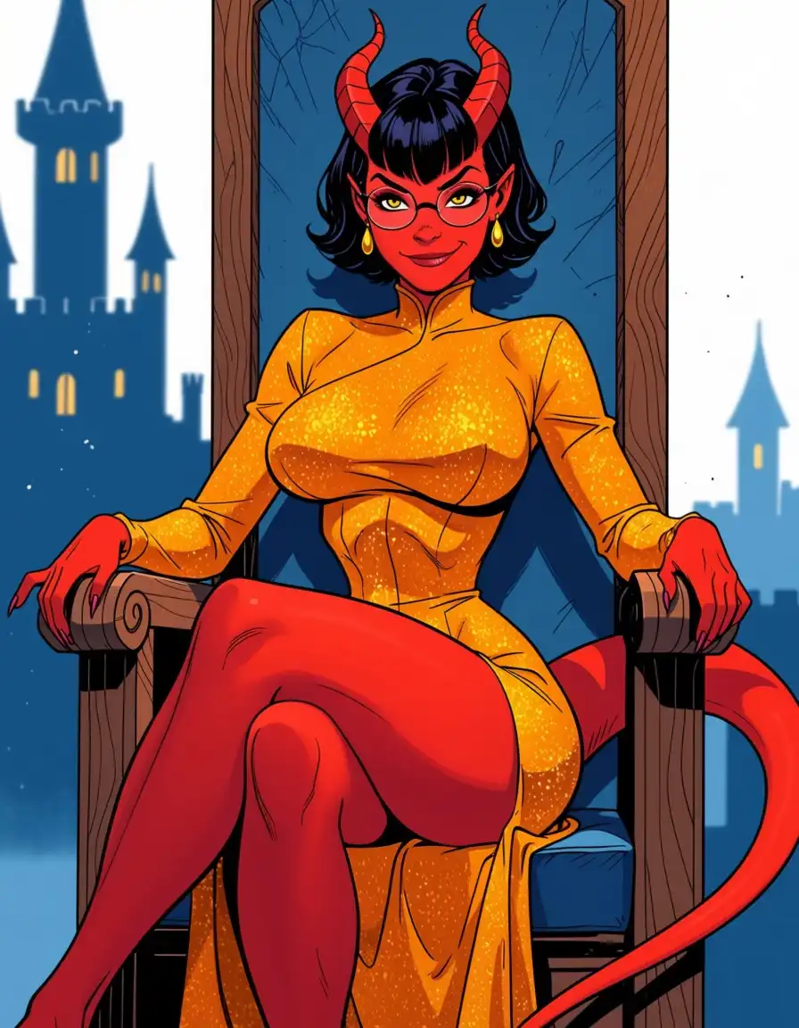 Kraken NOIR image: Beautifull female tiefling, black short hair, glasses, huge tits, gold and orange dress, soft red skin, yellow eyes, red…