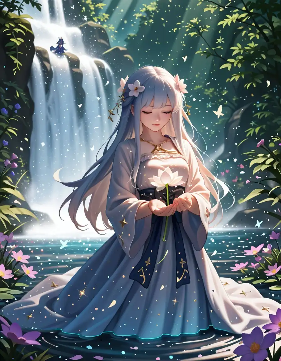 Mol_Keun Mix image: A girl reborn from mother-of-pearl ashes, surrounded by flower buds that bloom around her. Her figure is graceful and gr…