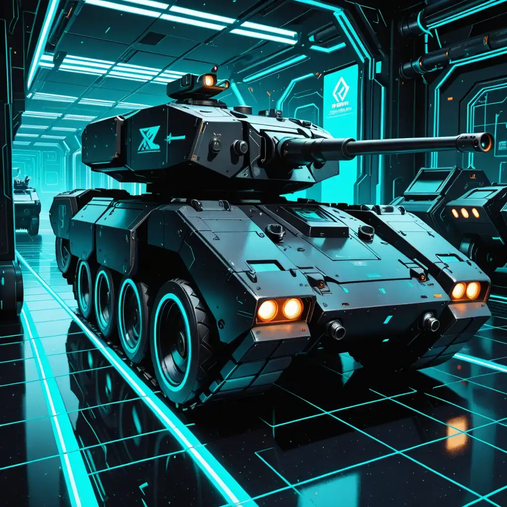 PerfectDeliberate image: Orthographic 3 quarters view Projection. Sleek Black sci-fi combat tank with white neon circuit outline. Hover tank with…