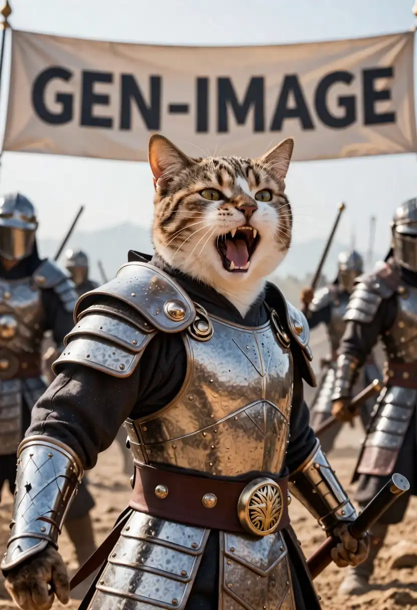 RedCraft Turbo image: Digital art, portrait of an anthropomorphic roaring kitten warrior with full armor, close up in the middle of a battle, …