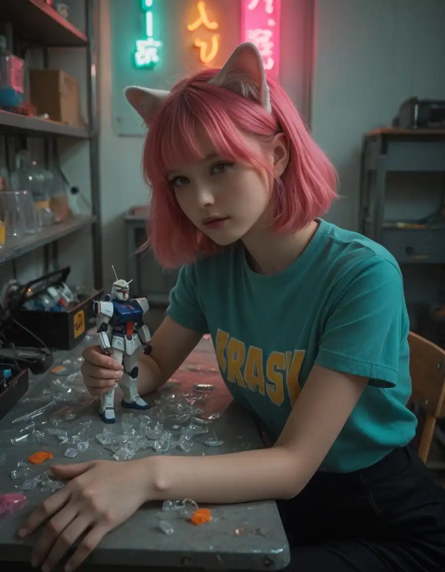 CatPony-Real image: 1girl, cat ears, pink short hair, assembling SGundam model kit, focused expression, hands on parts, detailed plastic pie…