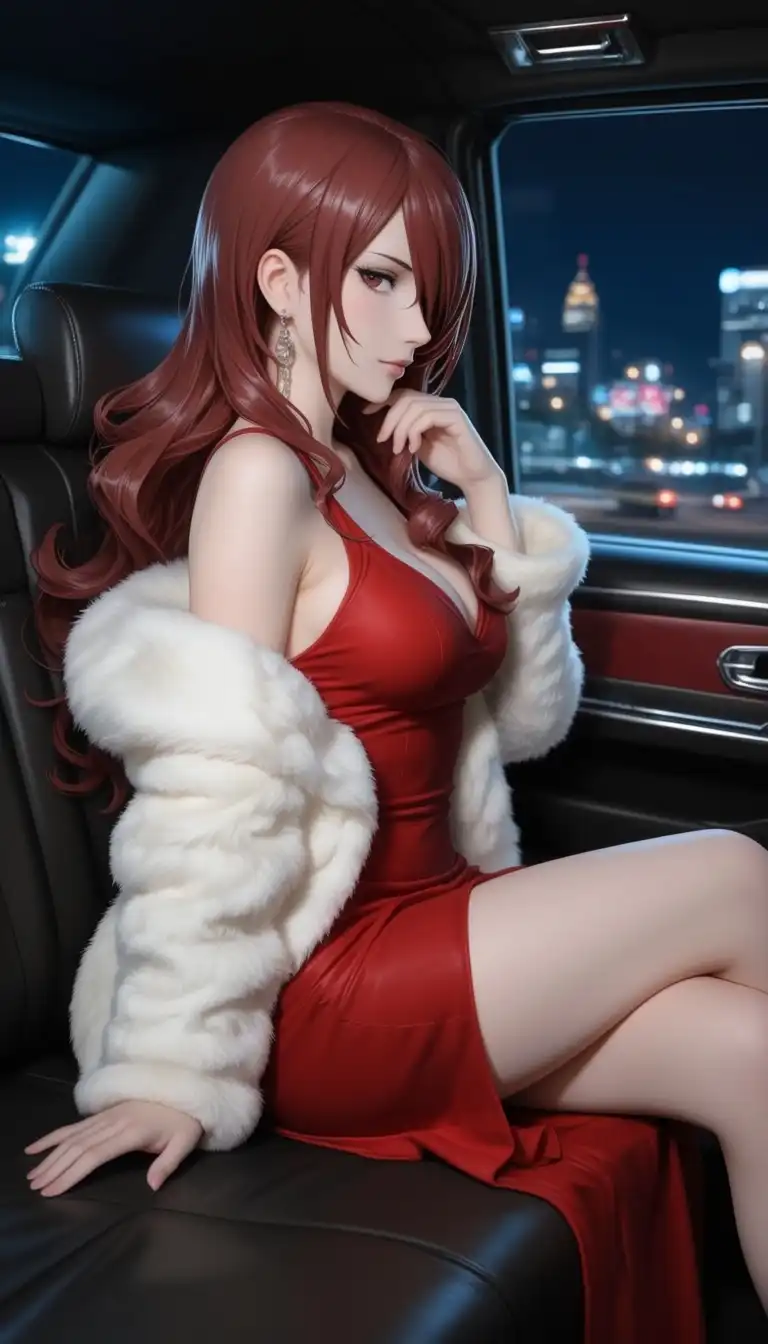 BlenderStyle_ByUrameshi image: 1girl, mature female, elegant, confident, kirijou mitsuru, persona, fur coat, red dress closed-neck, sitting, in limousi…