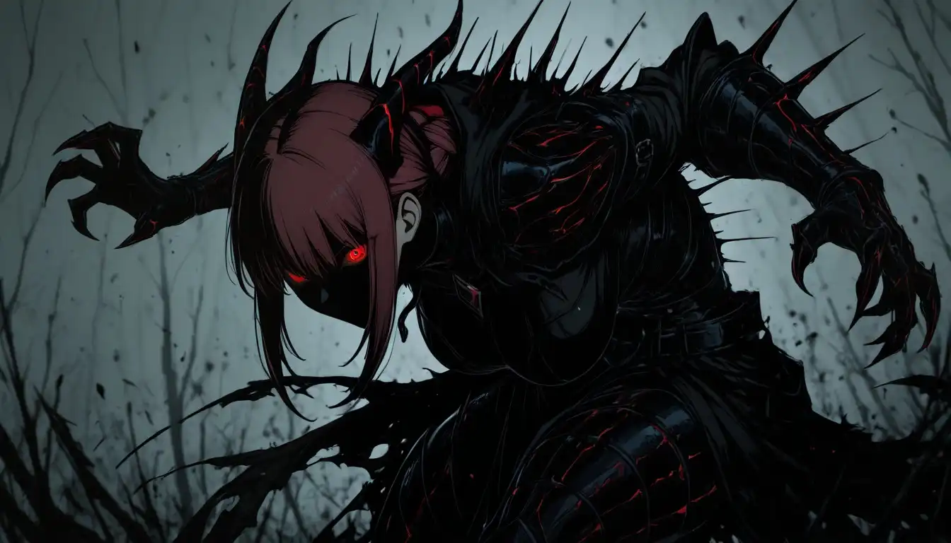 PerfectDeliberate-Anime image: 1girl, Makima, blackwhiplash artstyle, sharp lines, high contrast, dynamic pose, intense expression, dark fantasy aesthe…