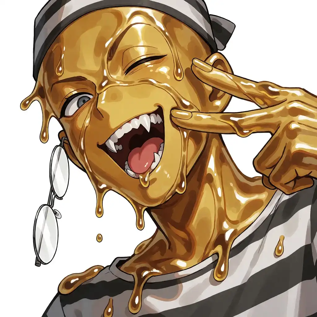 Ray Artshoot image: anime style illustration, a male-like humanoid character with glossy golden slime skin, translucent wet mucus texture, s…