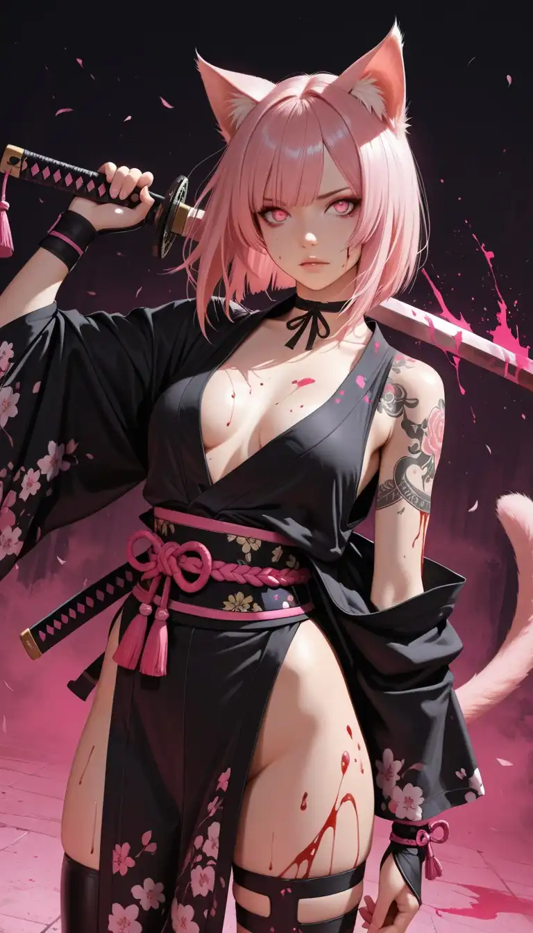 PerfectDeliberate image: Samurai cat girl, with a samurai sword with pink hair, pink eyes, face, tattoos, with blood everywhere, sfw, dramatic ba…