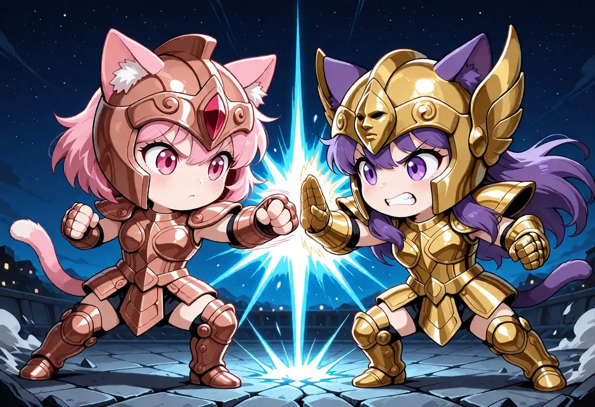 Krea2-Anime image: (chibi:1.3), (super deformed:1.2), 2 catgirls fighting, action clash, dynamic poses, BREAK 1girl, pink catgirl, short pi…