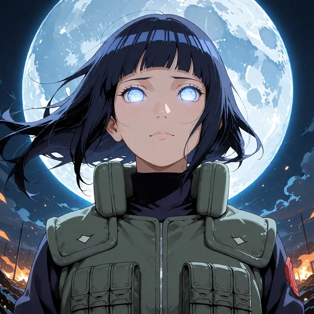 Krea2-Anime image: A breathtaking portrait of Hinata Hyuga, standing confidently in the middle of a glowing moonlit battlefield, her Byakug…