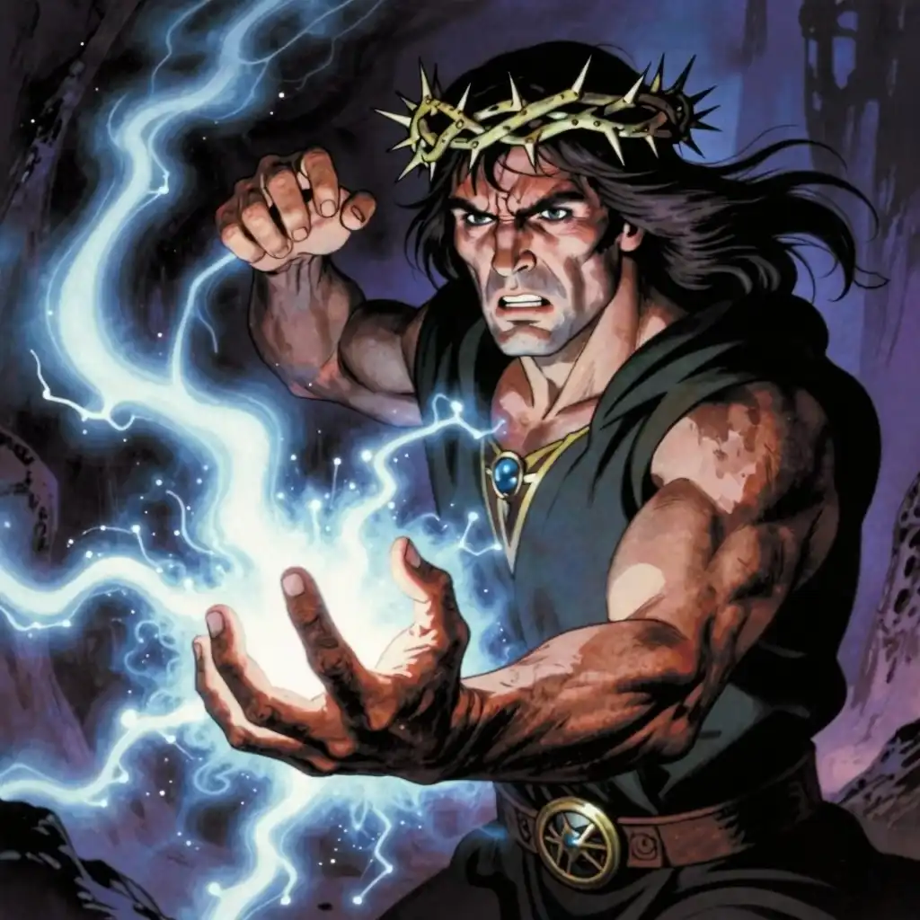 Z-Image Turbo image: (perspective medium shot:1.2), (1980s pulp fantasy illustration:2.9), arcane, dark-fantasy flair, (a sturdy looking midd…