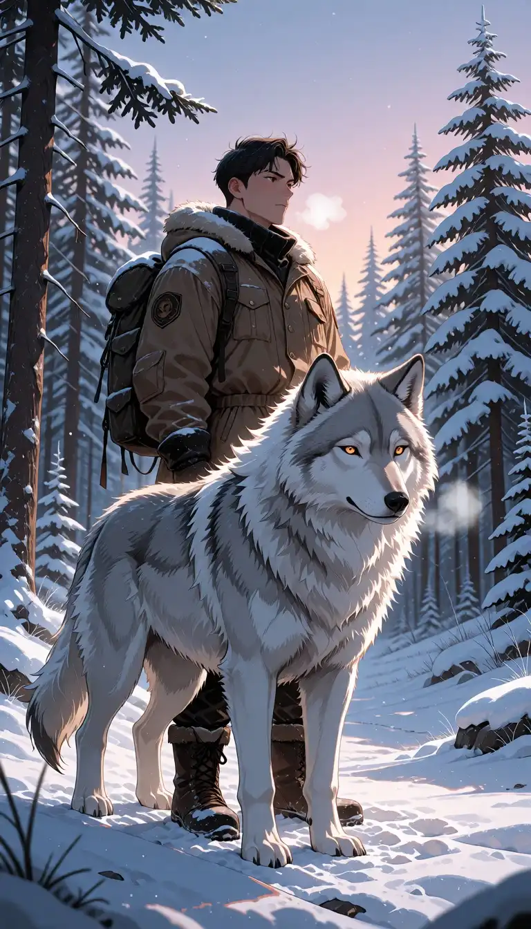 Krea2-Anime image: a anime-style illustration of A man with rugged winter gear stands solemnly on a snow-dusted forest clearing, his breath…