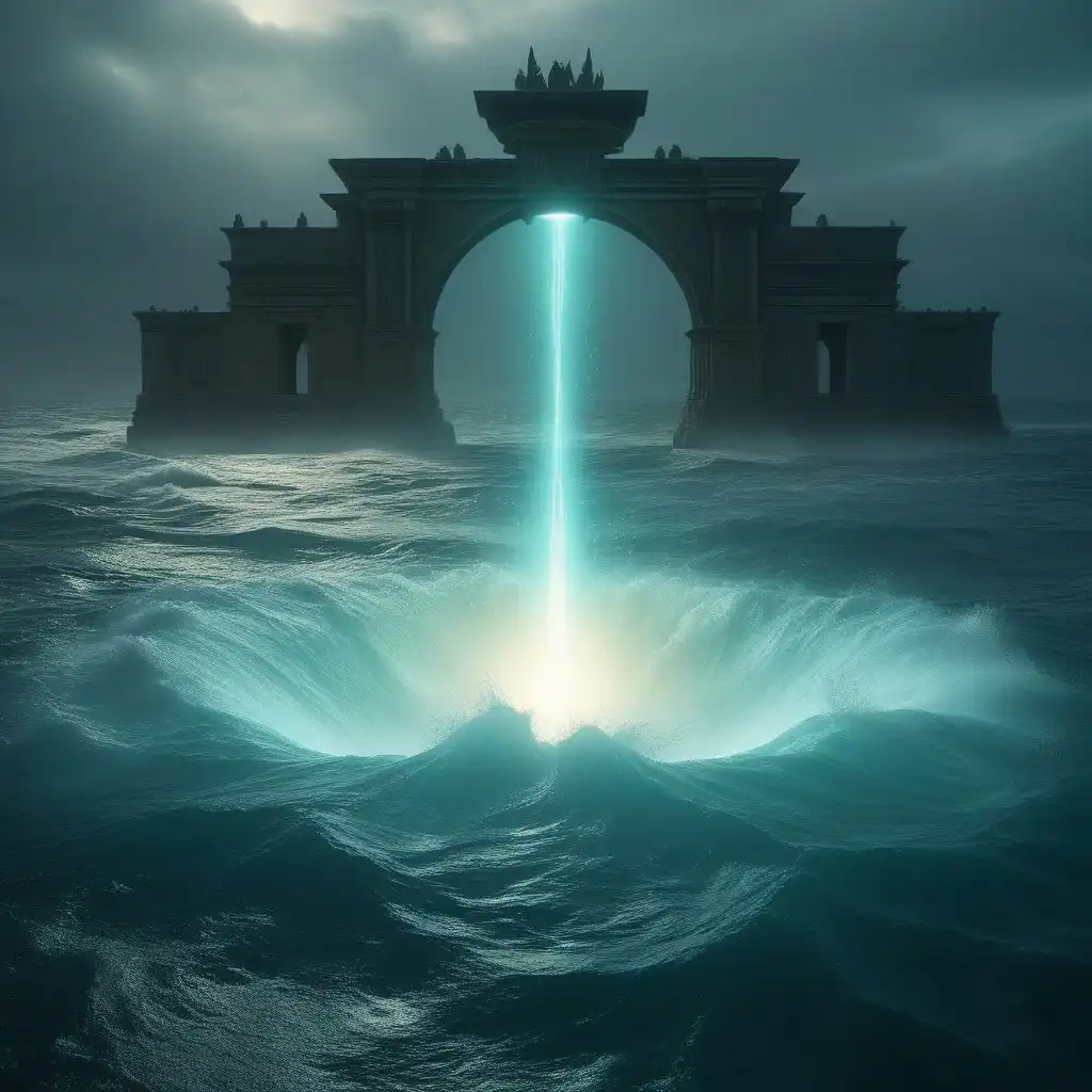 CyberRealistic XL image: A colossal, glowing orbital beam descends from the sky, striking the ocean’s surface with blinding intensity. The impact…