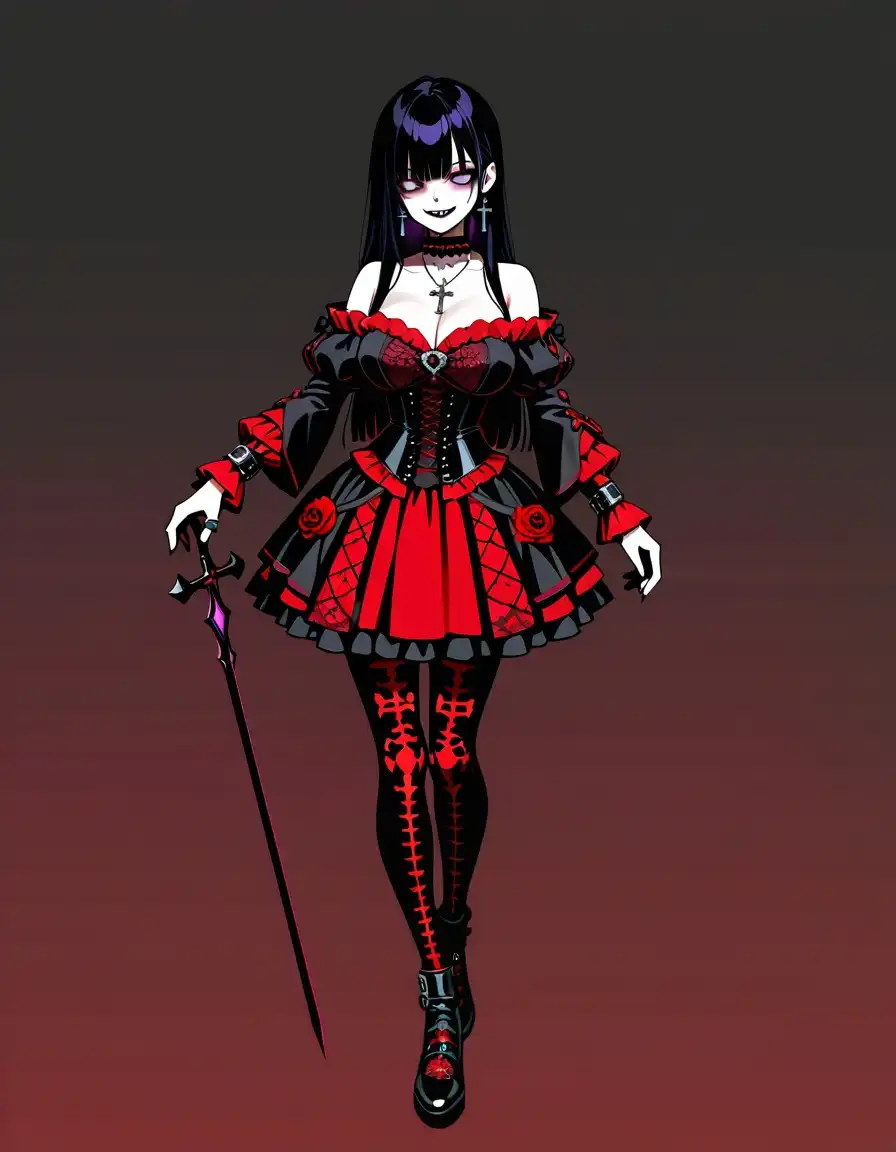 REED_XXX_illustrious_SDXL image: Full body portrait of a dark gothic anime girl with a stitched mouth smile makeup and purple glowing eyes, wearing a lar…