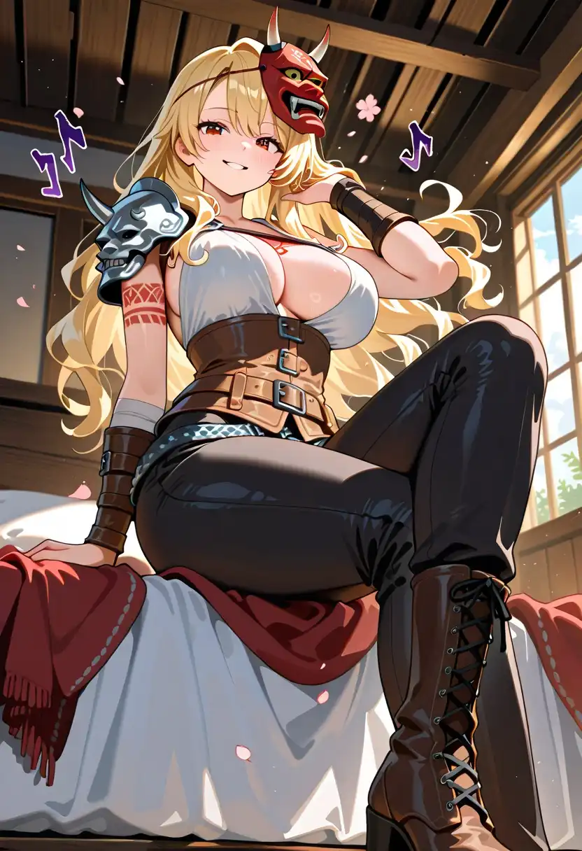 REED_XXX_illustrious_SDXL image: portrait of a curvy Caucasian woman with very large breasts, round face, and long wavy blonde hair. She wears Rugged Nor…