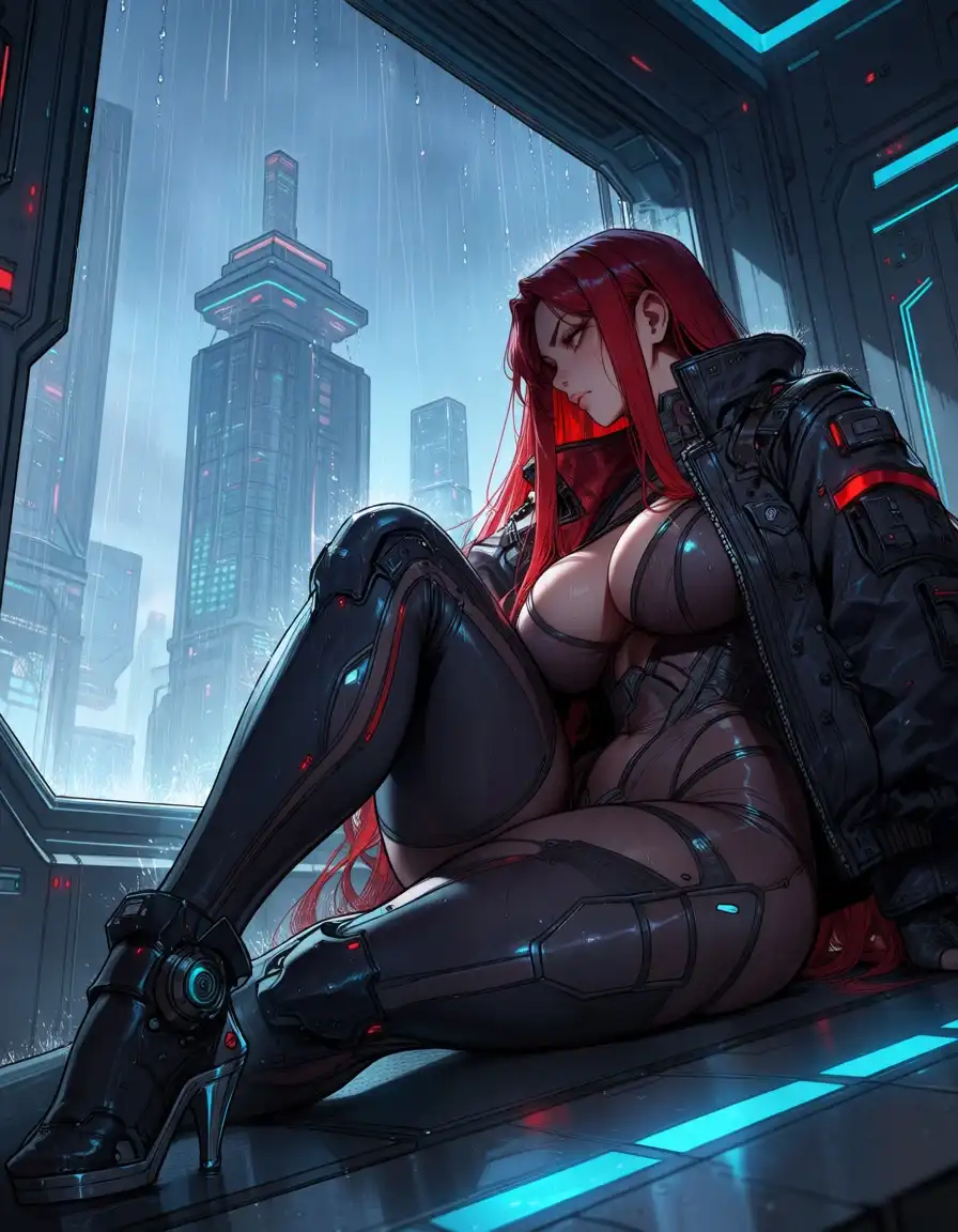 illustraVERSA image: 1 girl, sci-fi mood, futuristic, gorgeous body, raining, staying outside under the rain, very serious, looking at us, lo…