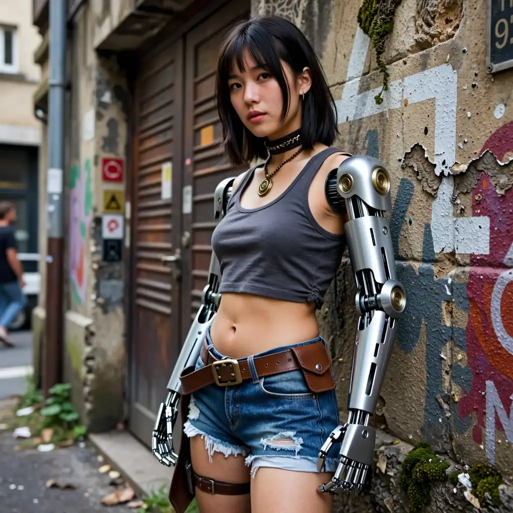 Dark Beast image: une femme en tenue de rebelle avec un bras robotisé appuyée sur un mur style post-apocalyptique steampunk