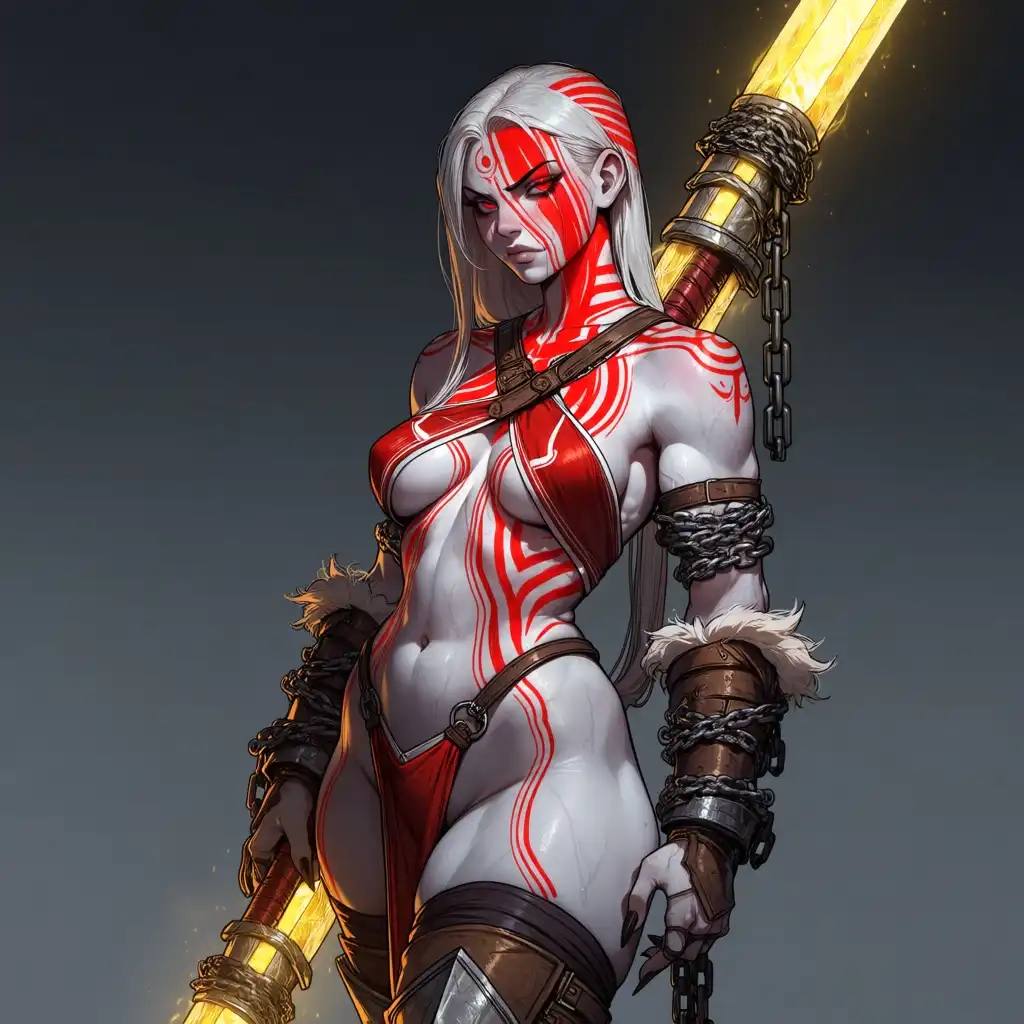 illustraVERSA image: Picture a formidable warrior, her ash-white skin a stark contrast to the vibrant, crimson tattoo that artfully adorns he…