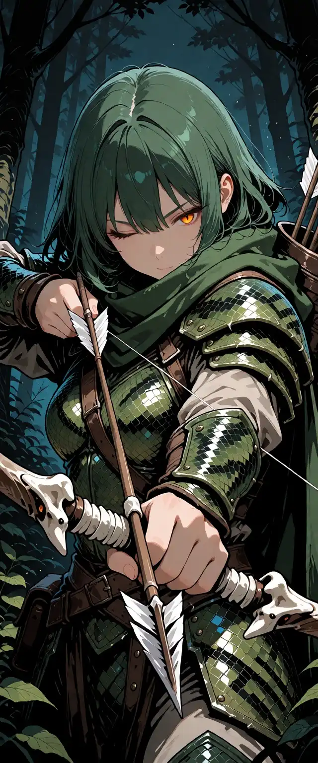 Krea2-Anime image: 1girl, female, human, orange snake eyes, green hair, rugged green snake skin leather armour, green scarf, bow and arrow …