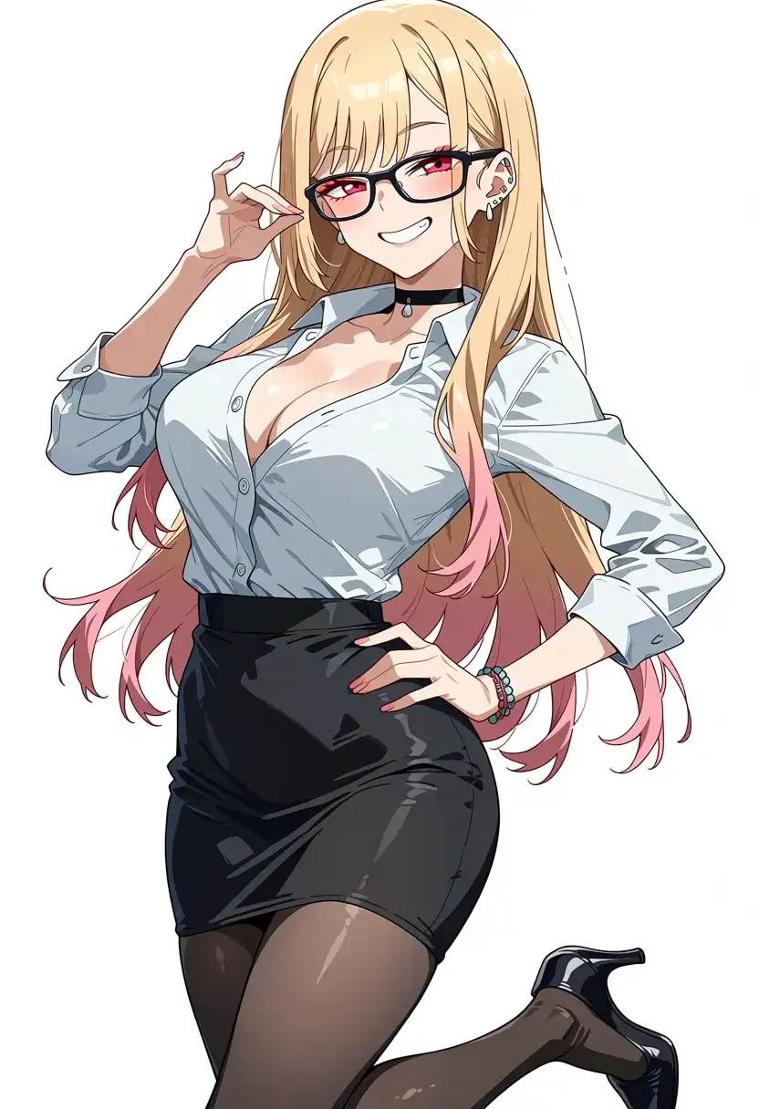 Anima Turbo image: Marin Kitagawa as a stylish office worker, wearing a form-fitting white blouse with the top button undone showing a hint…