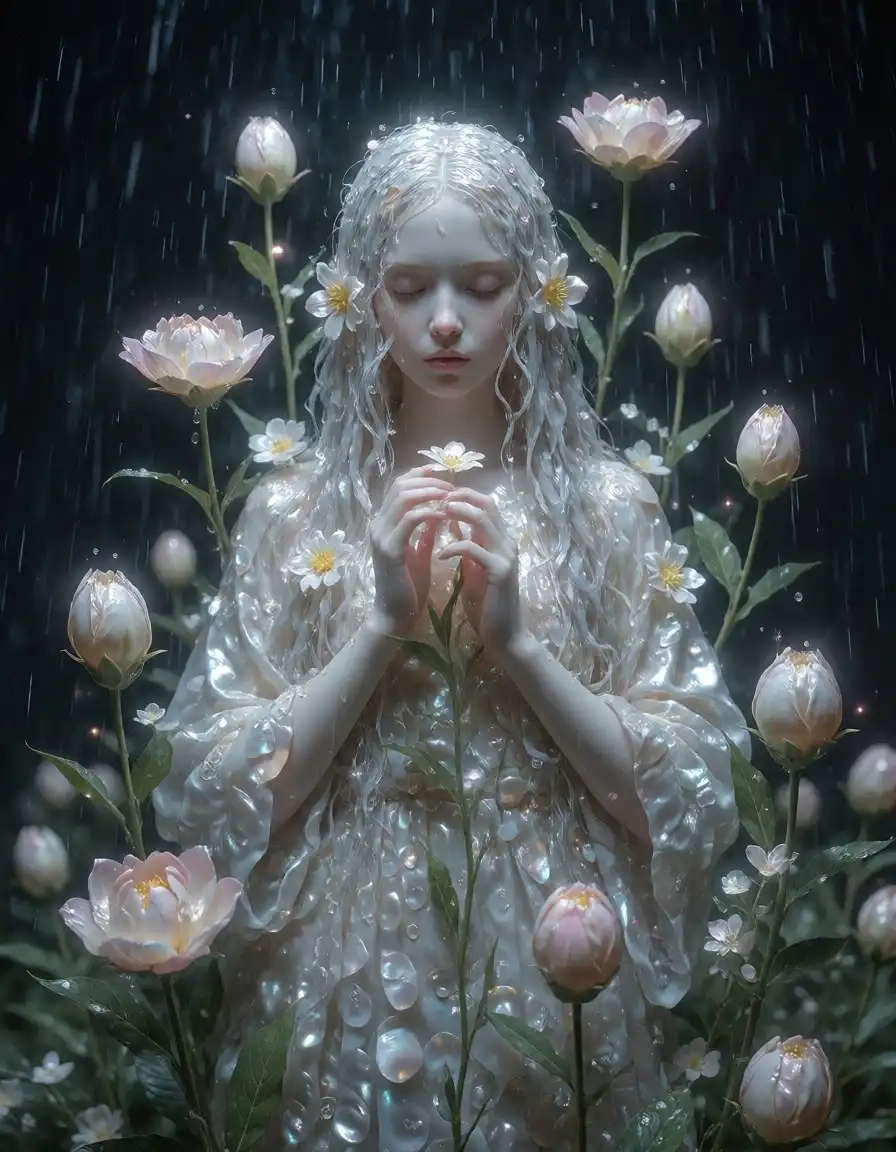 RedCraft Krea 2 image: A girl reborn from mother-of-pearl ashes, surrounded by flower buds that bloom around her. Her figure is graceful and gr…