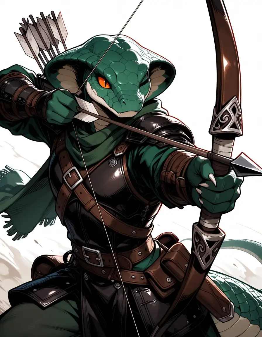 Nova Furry AM image: male, cobra, anthro, green scales, bipedal, orange snake eyes, rugged leather armour, green scarf, bow and arrow made fr…