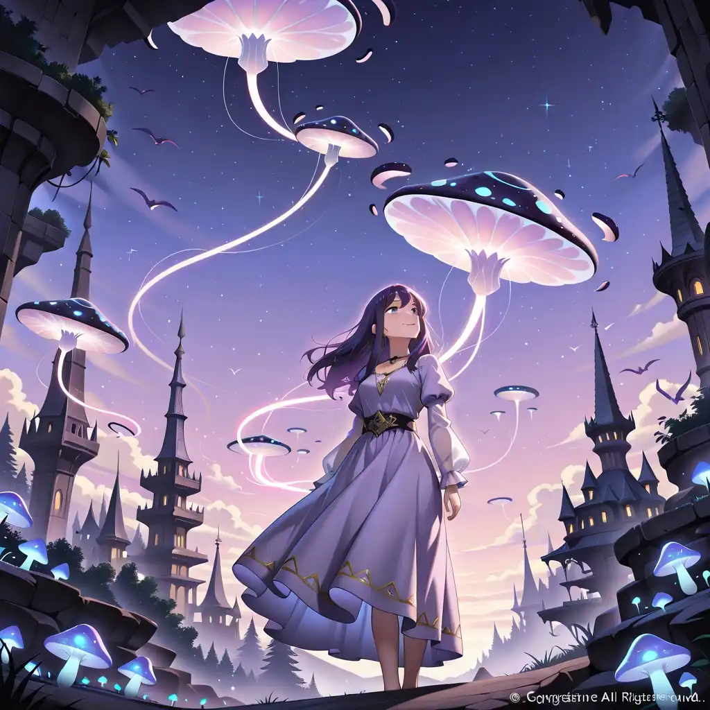 SteinIllustrious image: 1girl, fantasy world, floating islands, glowing mushrooms, purple twilight sky, whimsical dress, gentle smile, looking u…