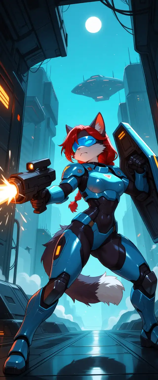 Nova Furry AM image: Female cat, red hair, braid, alien ship, cyber warrior, power armor, hand cannon shot, she raised her shield to deflect …