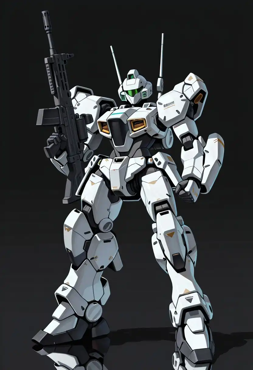 Banana Splitz XL image: rpg style art. a sci-fi combat mecha. thin humanoid shape. extra wide flat plated shoulder pads. arms in front aiming a …