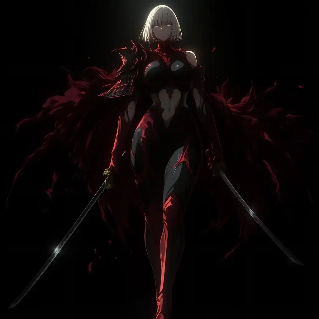 MiaoMiao Harem image: dark_art_style, holding an unsheathed black katana,