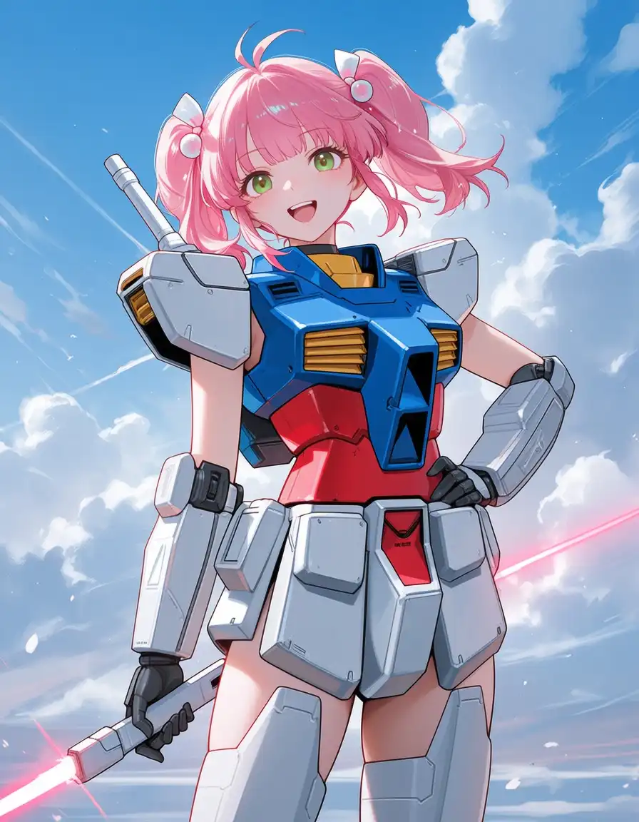 MiaoMiao Harem image: 1girl, kawaii Japanese girl, Gundam 0078 theme, holding laser sword, cute pose, anime style, mech armor details, bright …