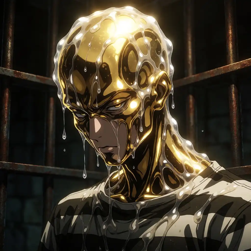 Ray Artshoot image: anime style, a male humanoid figure with glossy golden slimy skin, translucent mucus-like membrane, wet dripping texture…