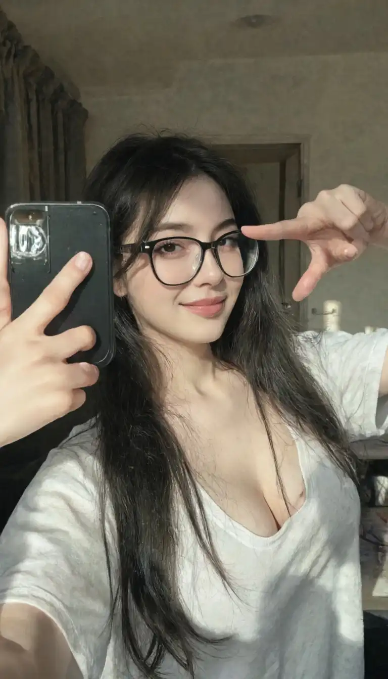 Real Dream image: 1girl, white skin, long hair, wearing glasses, DD cup bust, baggy t-shirt with cleavage, taking upper body mirror selfie…