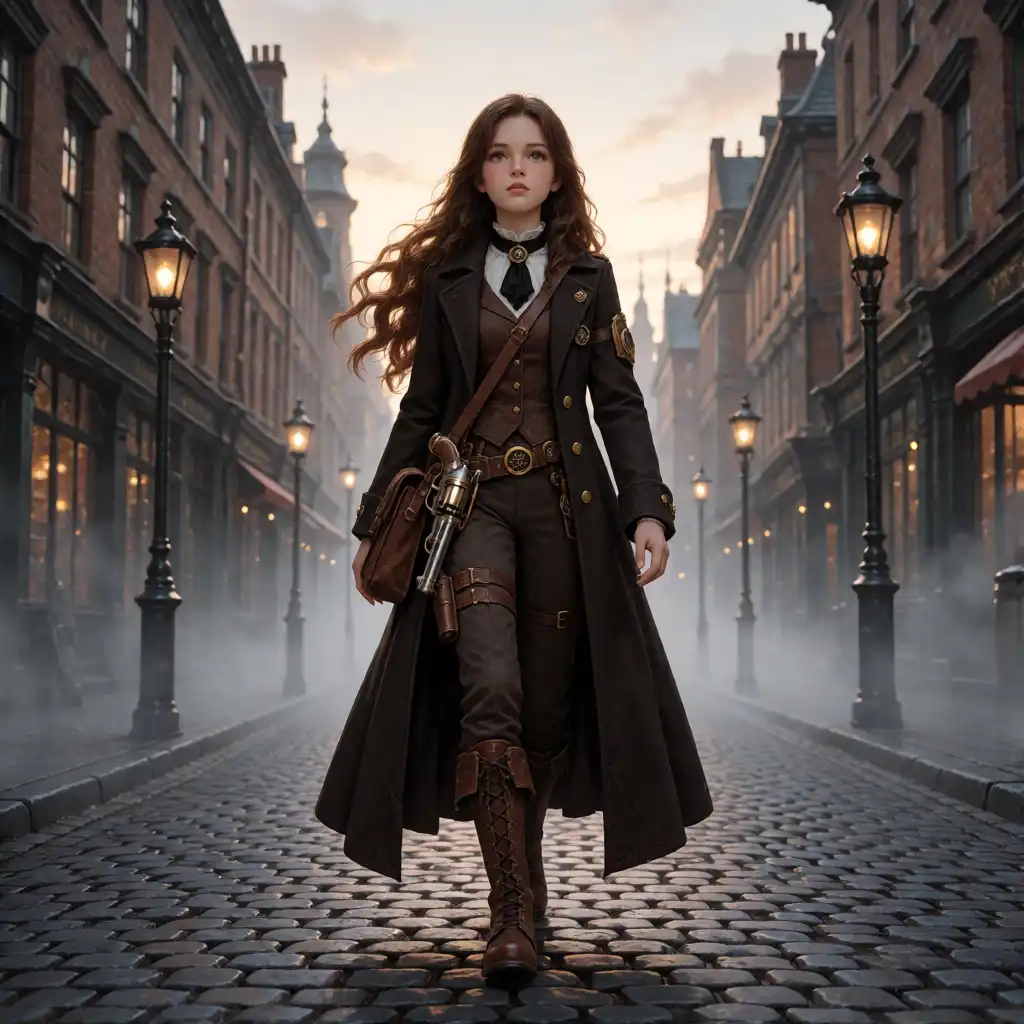 See-Krea2 image: 1 girl, Victorian era, steampunk, long coat, high leather riding boots, steampunk revolver at hip, leather satchel slung…