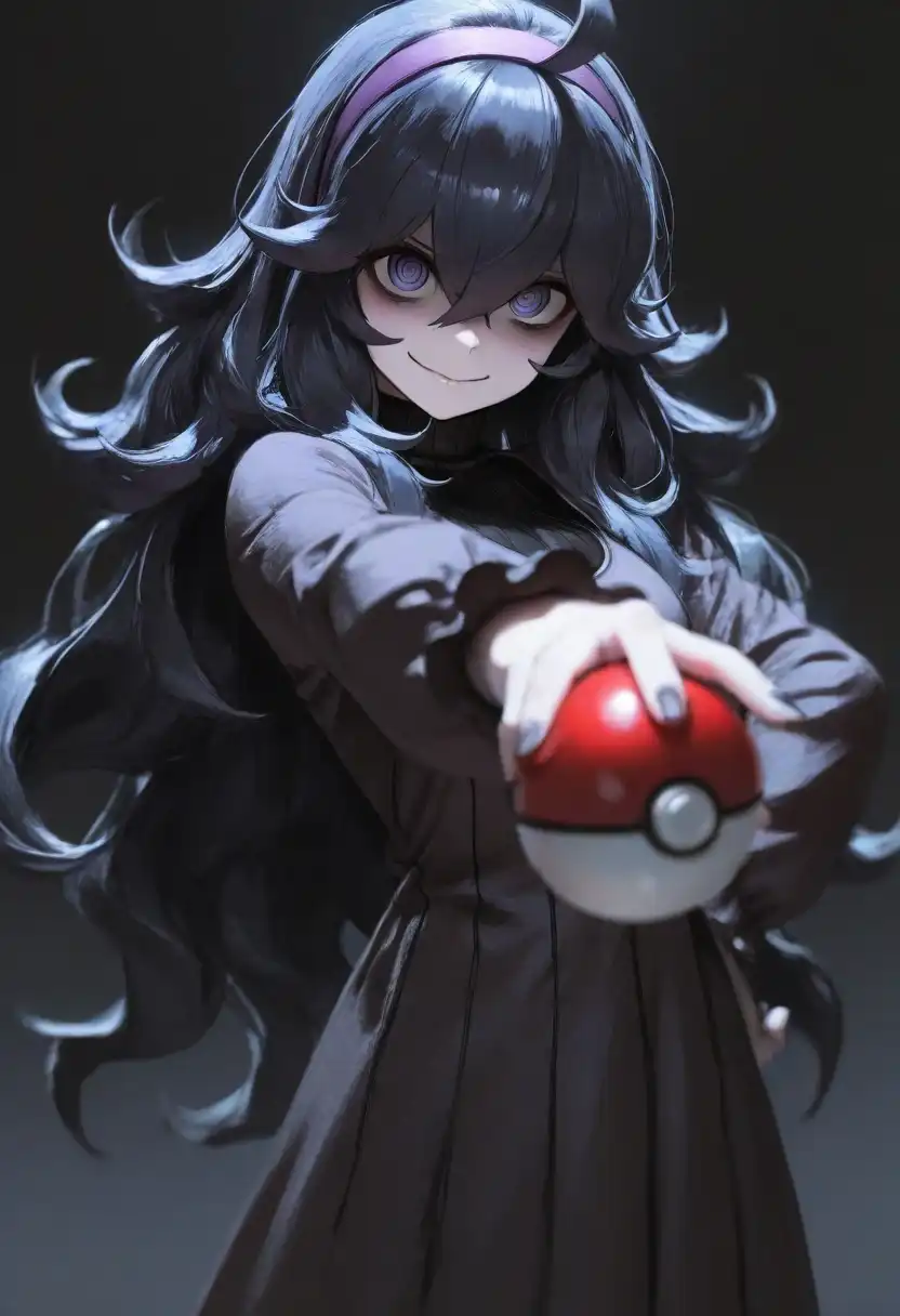 Duel_ILL_AniReal image: Hex Maniac (Pokemon), confident pose, throwing pokeball, dark background,