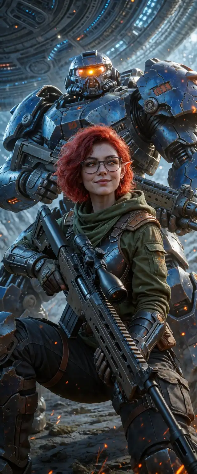 Dark Beast Krea2 (version 5C) image: Female elf, red short hair, glasses, alien ship, cyber warrior, power armor, tech sniper rifle, fight pose, proud gaze