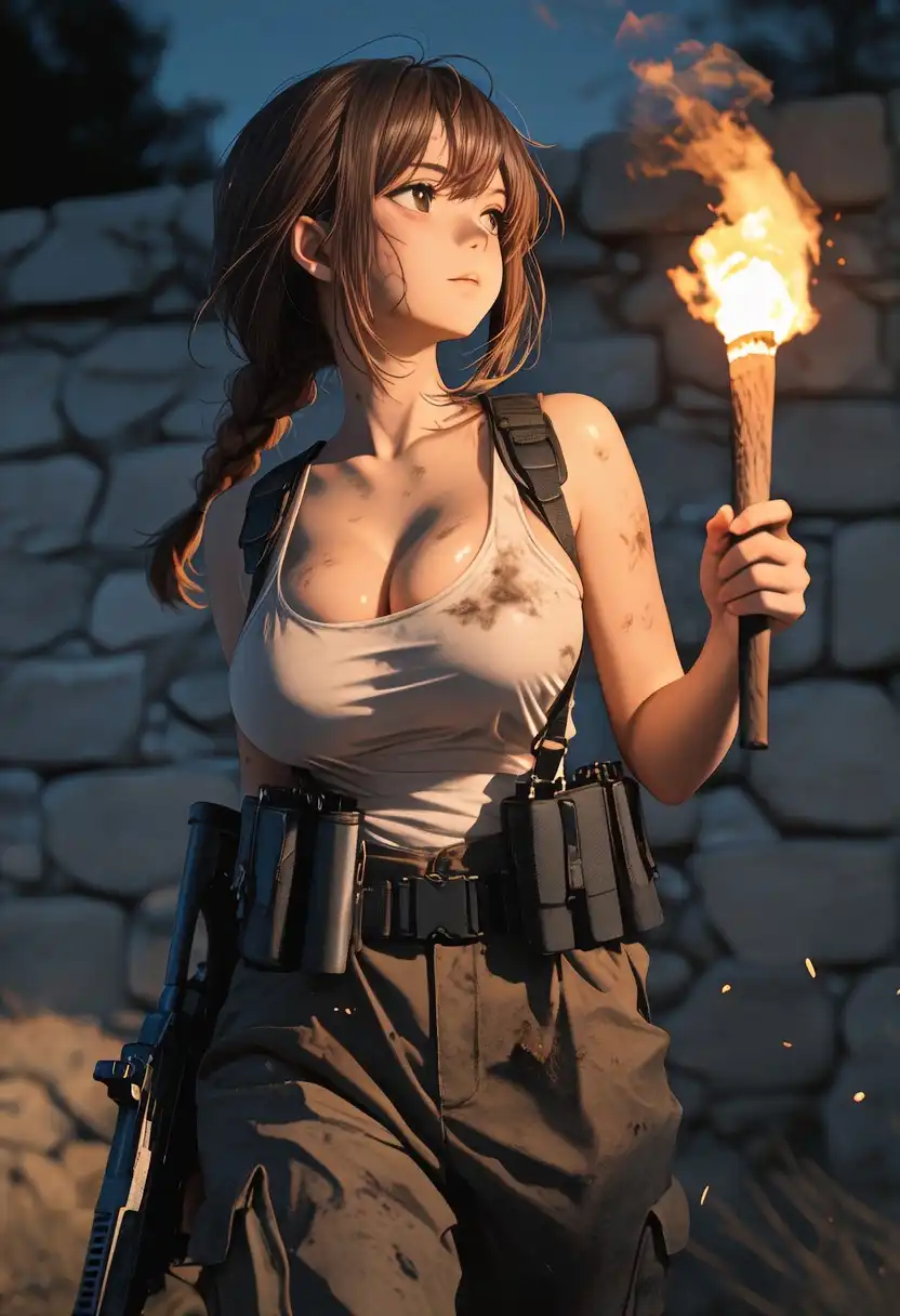 Duel_ILL_AniReal image: Stone wall, dark, Cowboy shot, 1girl, brown hair, low braid, tank top, suspenders on breasts, gun harness, large breasts…