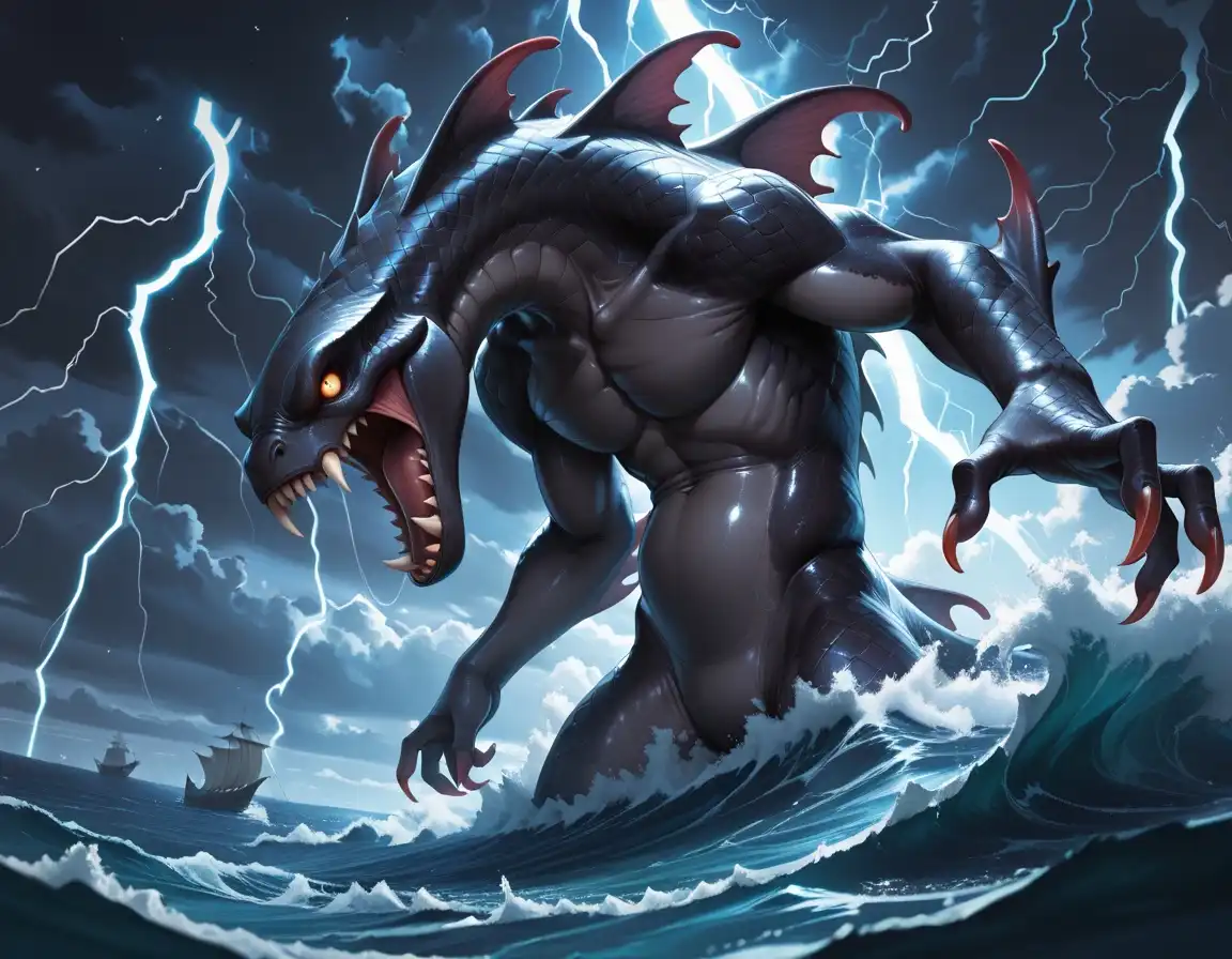 SteinCustom image: fantasy, kraken, tempest, ocean, fangs, emerging from the ocean during a storm, lightning, scales, crest along the back,…
