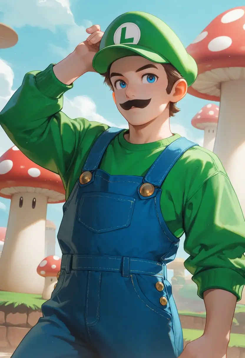 MiaoMiao Harem image: Luigi mogging from Super Mario. he is in a cool pose in the Mushroom Kingdom. SFW pls. he is in his blue overalls and a …