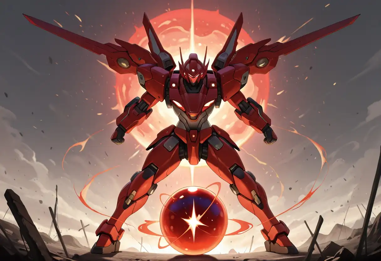 Banana Splitz XL image: mecha suit shape of orb, highly detailed, red mono-eye.