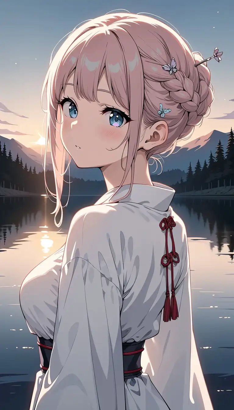 Anima Turbo image: High-quality anime digital illustration of a young woman with light pastel pink hair styled in an intricate braided updo…