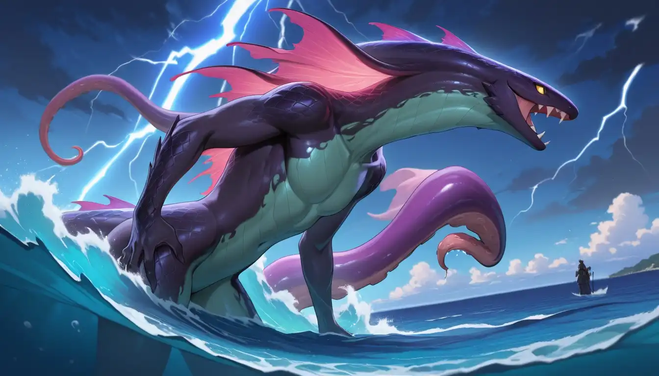 REED_XXX_illustrious_SDXL image: fantasy, kraken, tempest, ocean, fangs, emerging from the ocean during a storm, lightning, scales, crest along the back,…