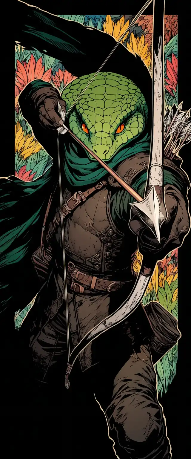 Anima Aesthetic image: male, cobra, anthro, green scales, bipedal, orange snake eyes, rugged leather armour, green scarf, bow and arrow made fr…