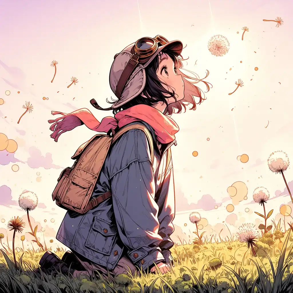 Anima Base image: A young traveler girl with short, wind-swept dark hair kneels in a sun-dappled meadow, her wide eyes filled with wonder …