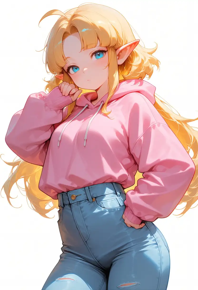 Hassaku (Anima) image: Petite zelda high waist jeans, bangs, oversized hoodie tucked into pants