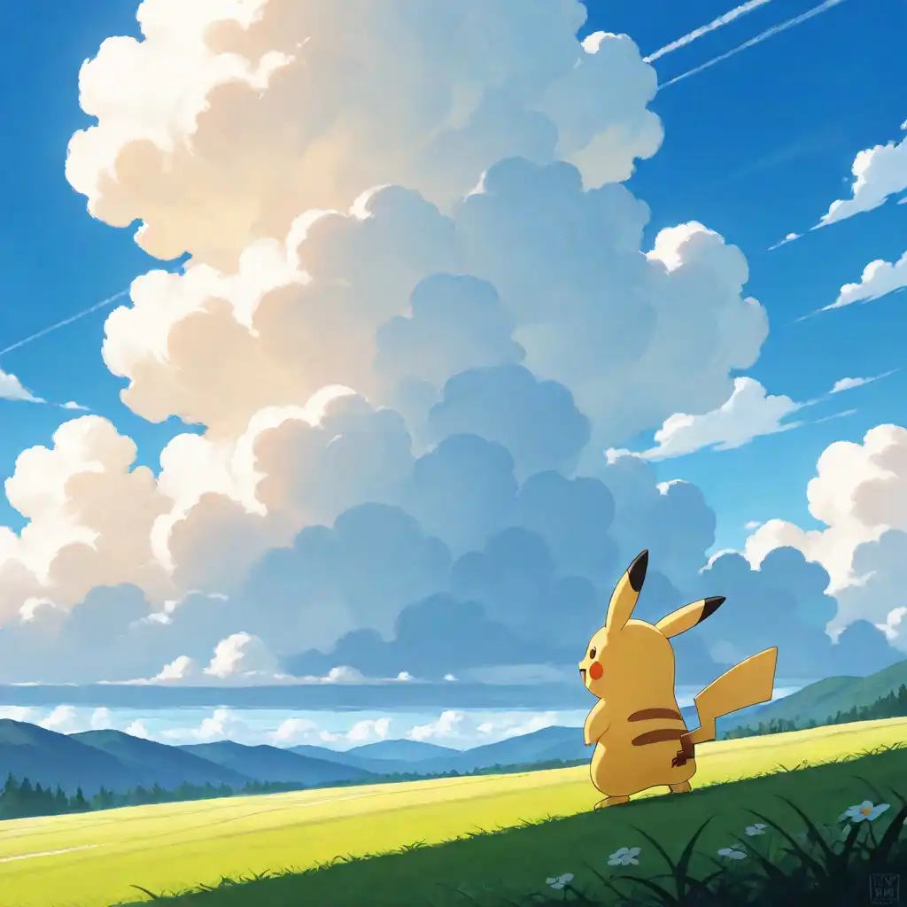 Nova Anime XL image: Pikachu from Pokémon, anime style, highly detailed. Cute yellow electric mouse standing on a sunny grassy hill, big happ…
