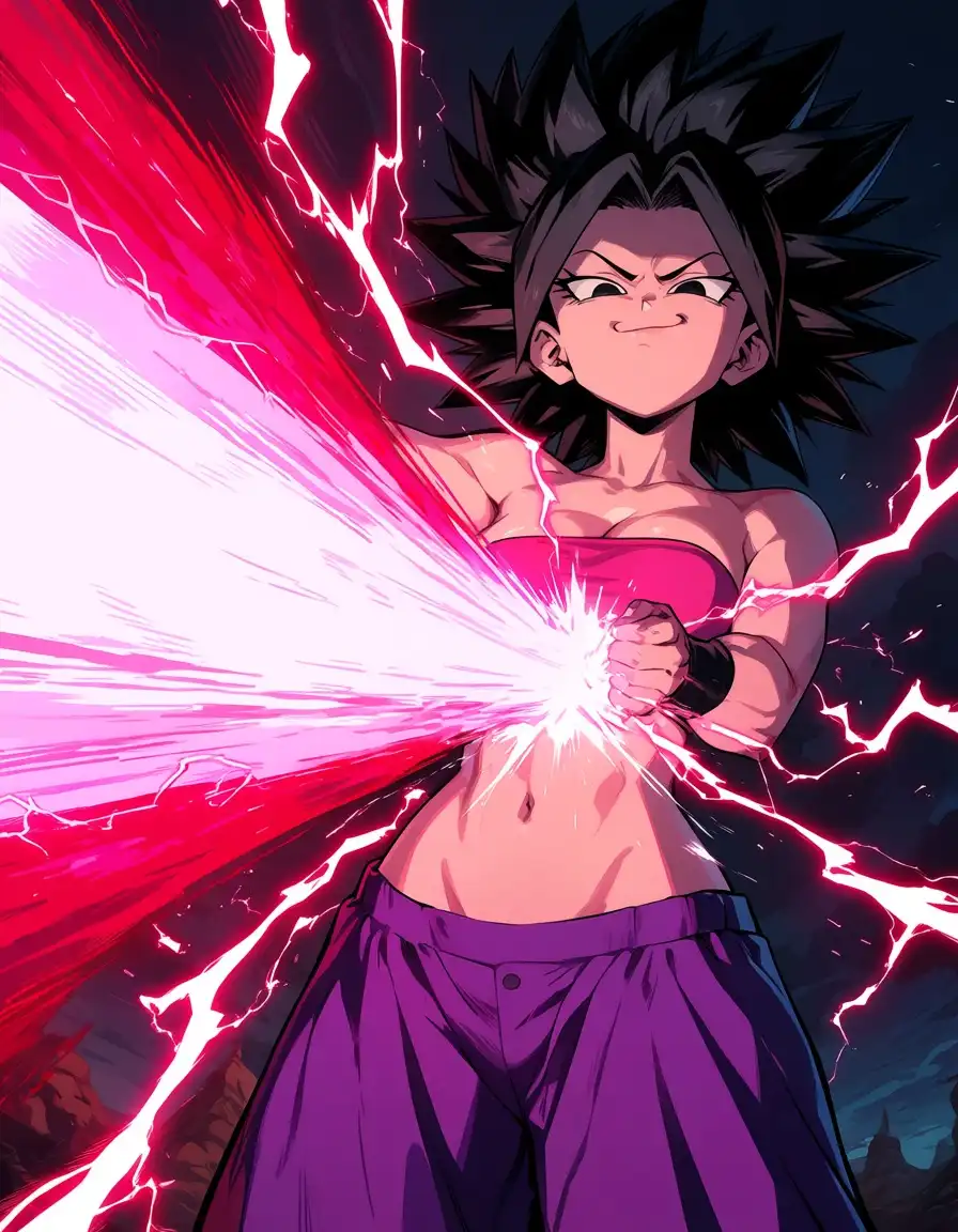 Anima Aesthetic image: Caulifla from Dragon Ball Super, fierce and smug expression, black hair, wearing a pink tube top, low-rise baggy purple …
