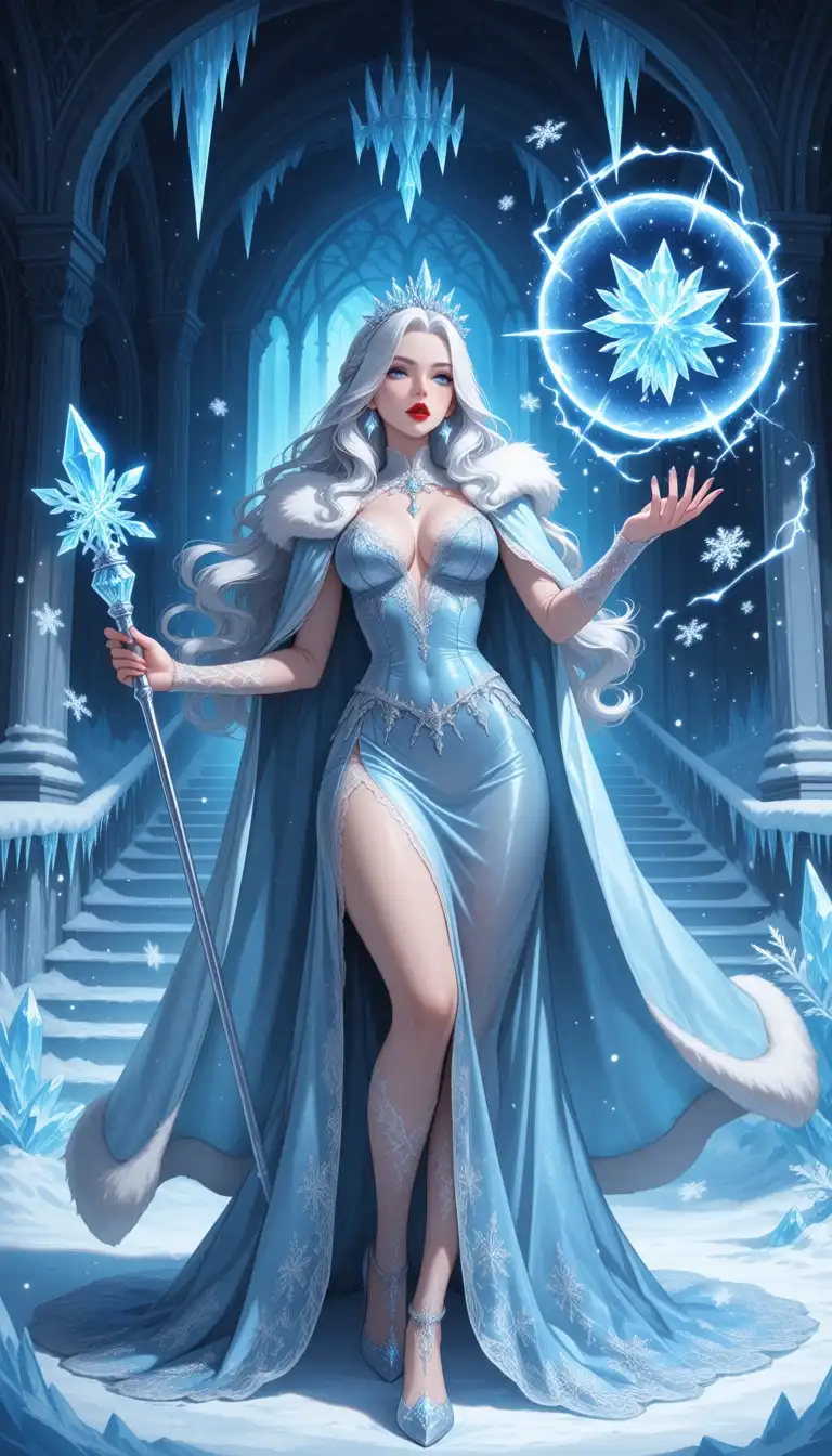Unholy Desire Mix - Dark Serenity image: Realistic fantasy digital illustration of a beautiful and majestic ice sorceress in a frozen hall. She has long, wavy si…